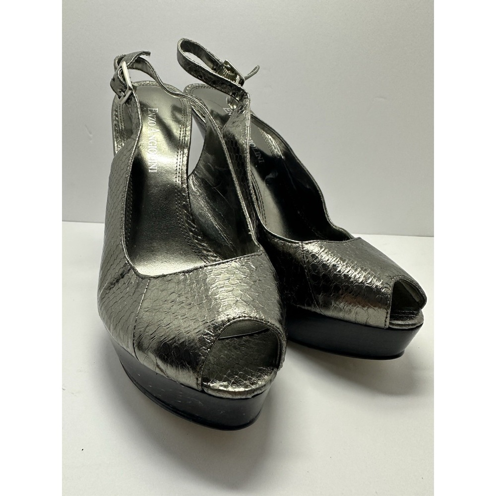 ENZO ANGIOLINI‎ Women Silver Snakeskin Peep Toe Slingback Pump 6 M $160